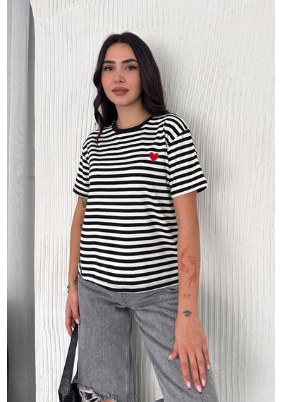 Noa & Noa Kadın Kalp Detaylı Çizgili T-shirt Heartline Beyaz