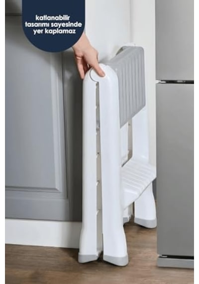 2 Katlı Katlanır Merdiven Tabure, Kaydırmaz Tabanlı, 200 Kg Kapasiteli Beyaz