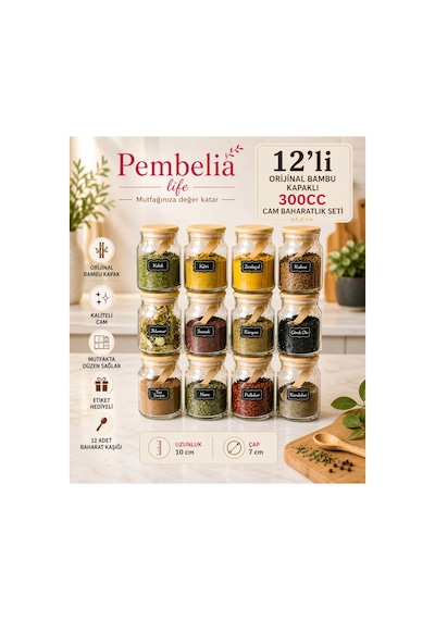 12 Li Etiketli Bambu Kapaklı Ve Kaşıklı 300 Ml Baharat Seti Baharatlık Takımı 609257497 Diğer