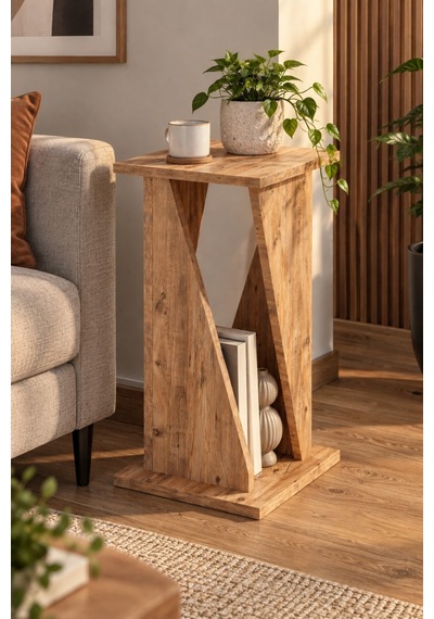 Sulorahome Modern Ahşap Görünümlü Dekoratif Yan Sehpa