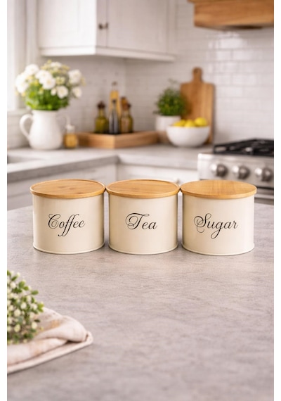 Kahve Çay Şeker Saklama Kabı 3'lü Set Kapaklı Mutfak Organizer Saklama Kutusu Krem
