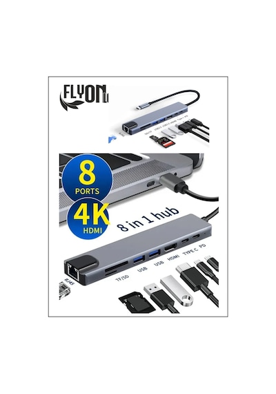 8 In 1 Type-c 3.1 4k Hdmı Adaptörü İle Sd/tf Kart Okuyucu Pd Hızlı Şarj İçin Ethernet Girişli