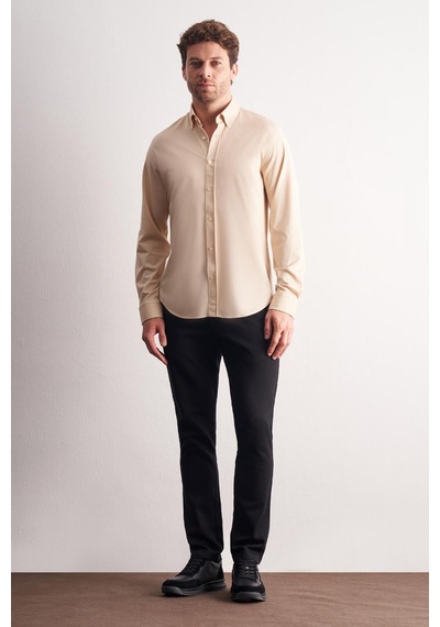 İmza Bej Düğmeli Yaka Örme Uzun Kol Performans Ürün Slim Fit Esnek Gömlek 1004255270 Bej