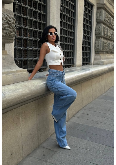 Free Blue Tasarım Tokalı Yeni Sezon Baggy Jean Mavi