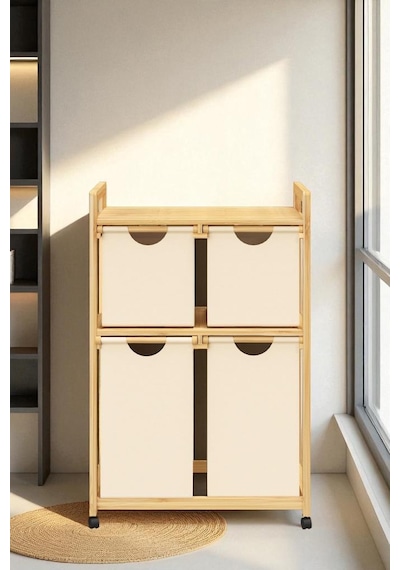 Bambu 4 Bölmeli Kirli Sepetli Çamaşır Sepeti Raflı Banyo Düzenleyici Db-0018 Kahverengi