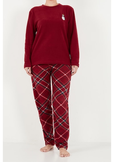 Lela Ekose Desenli Bisiklet Yaka Yumuşak Polar Pijama Takımı Kadın Pijama Takımı 6097059k Bordo