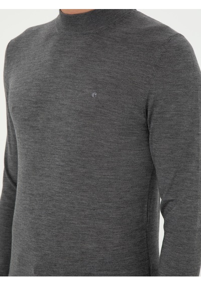Cacharel Gri Slim Fit Kaşmir İpek Karışımlı Çeyrek Balıkçı Yaka Triko Kazak