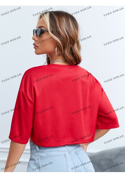 Flood Of Style Crop Ckod-232913 Grafikli Düşük Omuz Kısa Kırmızı