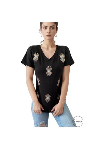 Cassime Kadın Kadın Siyah V Yaka Göz Pul Ve Nakış Işlemeli Tişört S-m-l-xl-2xl-3xl