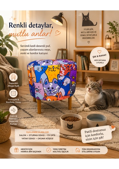 Diday Kedi 2 Puf Trend Puf Koltuk Puff Bench Dekoratif Bohem Doğal Gürgen Ayaklı Çok Amaçlı Bahçe Ev Balkon Çocuk Bench Çok Renkli