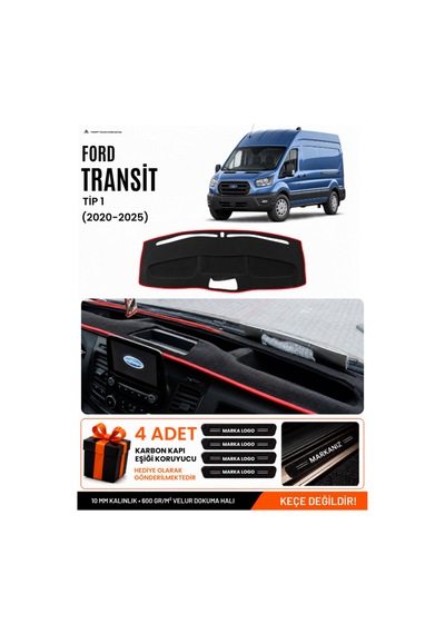 Ford Transit Tip 1 2020-2025 Uyumlu Torpido Örtüsü, Torpido Kılıfı - Siyah Kırmızı
