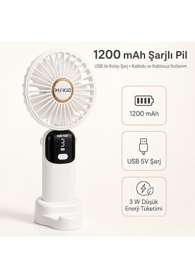 Mkio Şarjlı El Vantilatörü 5 Kademeli, Katlanabilir Dijital Ekranlı Mini El Fanı, 1200 Mah, 5 Pervaneli Güçlü Hava Akışı, Standlı Masaüstü Fan, Usb Şarjlı -beyaz