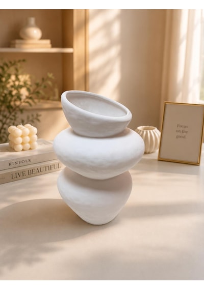 El Yapımı Dekoratif Vazo Beyaz Modern Tasarım Çiçek Vazosu Salon Konsol Dekoru 21 Cm