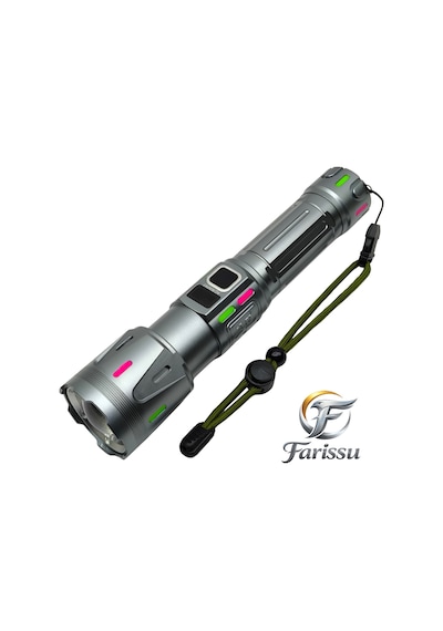 Ultra Güçlü Beyaz Lazer Led El Feneri - 2 Km Menzilli & Powerbank Özellikli Çift Pil Setli Gri