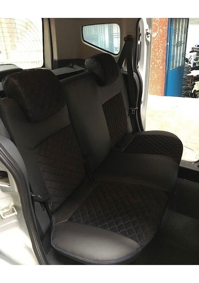 Fiat Fierino Uyumlu Arka Sırt Arka Oturma 2+1 Model Siyah Zemin Mavi Nakışlı Taytüyü Siyah Deri