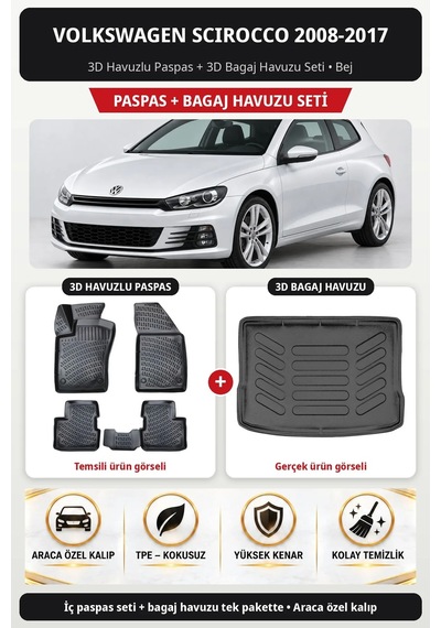 Volkswagen Scirocco 2008-2017 Araca Özel 3d Paspas Bagaj Havuzu Set Bej