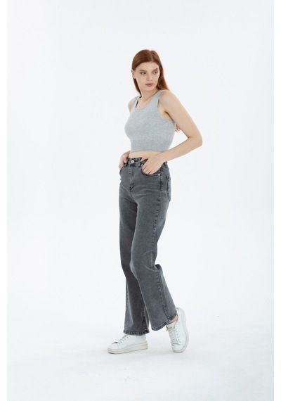 90's Kar Yıkama Kar Gri Likralı Süper Yüksek Bel Wide Leg Salaş Jeans Palazzo Kot Pantolon Gri