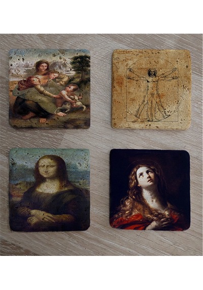 Leonardo Da Vinci Monalisa Ve Eserleri Doğal Taş Bardak Altlığı 4'lü Set - Natural Stone Coasters - Taş Çok Renkli
