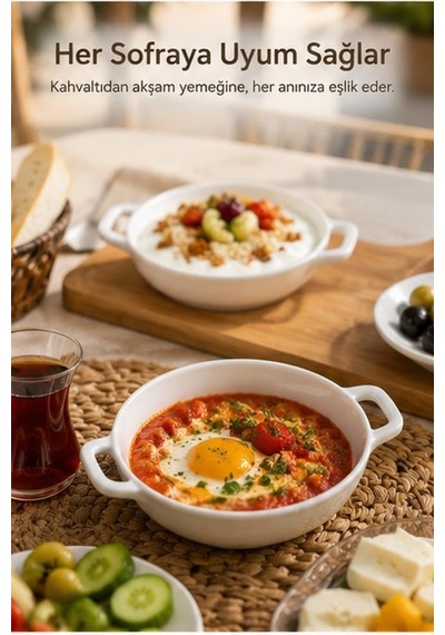 Çift Kulplu Beyaz Porselen Fırın Kabı Ve Servis Kasesi 12x15 Cm - Kahvaltılık Meze Ve Sufle Güveç Tabağı Çok Renkli