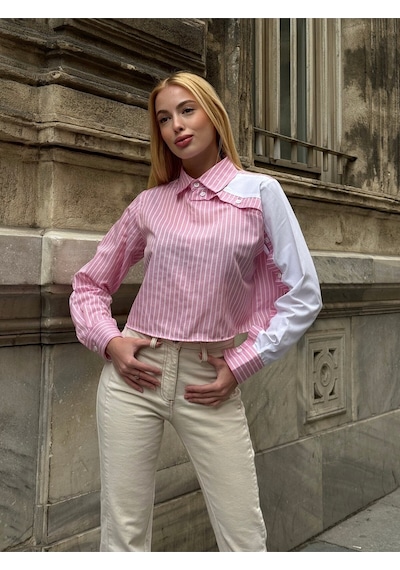Mamayaga Kadın Özel Tasarım Yaka Kol Düğmeli Çizgi Garnili Crop Boy Tesettüre Uygun Bluz Gömlek Pudra