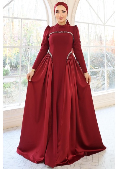 Olcay İnci Detaylı Krep Ve Saten Kombinli Kloş Tesettür Bordo 1686