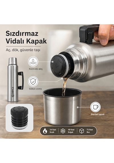 Npo Nt01 1.5l Çift Katmanlı Vakum Teknolojili 24h Sıcak 48h Soğuk 72 Saat Buzlu Çelik Termos Gri