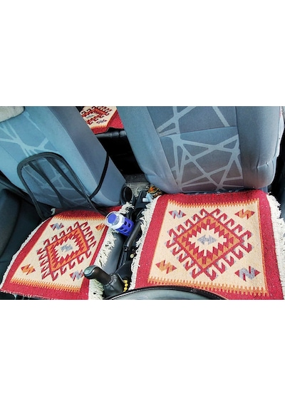 Reversible Oto Koltuk Kilim Seti 3 Parça Makine Dokuma Akrilik & Polyester Saçaklı - Kırmızı