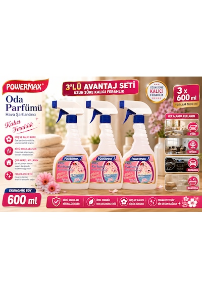Powermax Çiçek Tazeliği Oda Parfümü 600 Ml X3 Set Ortam Kokusu Uzun Süre Kalıcı Ferahlık