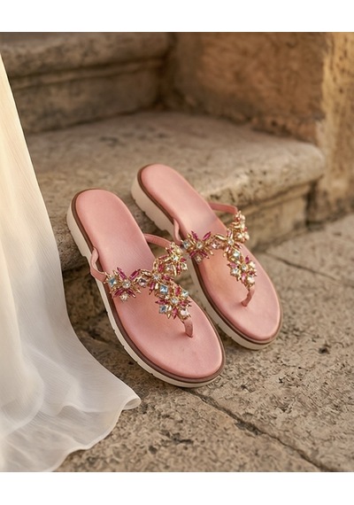 Futsishoes Solene Pembe Hakiki Deri Pembe Taş İşlemeli Parmak Arası Kadın Terlik