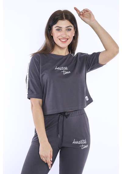 Kadın-alt-üst T-shirt Takım, Rahat Kesim-3827 - S Füme