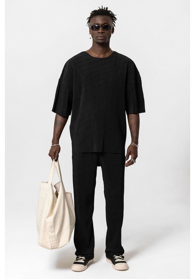Basic Oversize Bisiklet Yaka Ottoman Takım Siyah