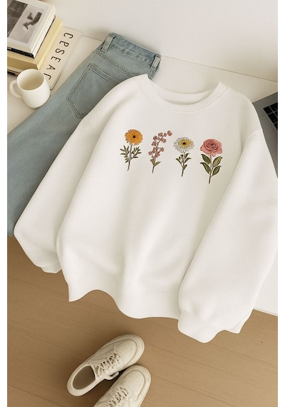 Benroma 3 İplik Penye Çiçek Baskılı Unisex Sweatshırt Beyaz