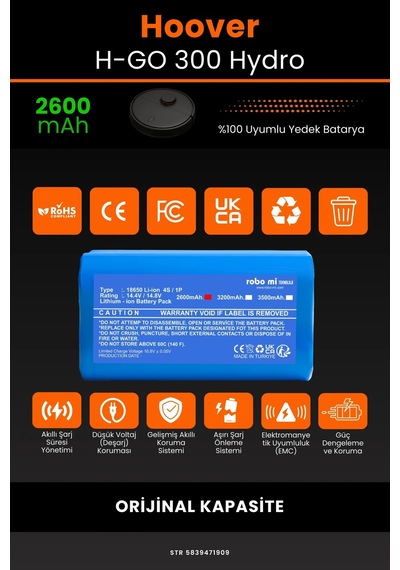 Hoover Uyumlu H-Go 300 Hydro 2600mAh Robot Süpürge Bataryası