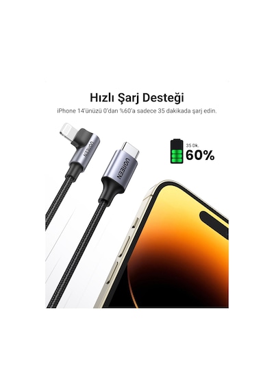 Ugreen Usb-c - Lightning 3a Qc Pd 90 Derece Örgülü Hızlı Şarj Kablosu, 2 M, Siyah, 60765