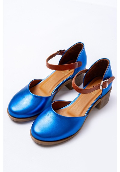 Analin Shoes Kadın Hakiki Deri Burnu Kapalı Bilekten Bağlı Sandalet Mavi Kristal