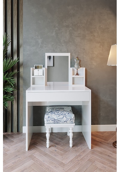 Aynalı Raflı Makyaj Masası - 90x49 cm Beyaz Çekmeceli Tuvalet Masası