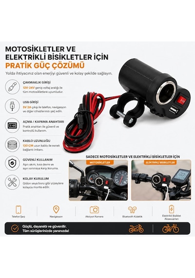 Motosiklet Ve Elektrikli Bisiklet Çakmaklık Soketi Usb Şarj Girişi 12v-24v, 5v 2a Usb Çıkış, Açma Kapama Anahtarlı, 130 Cm Kablolu, Gidon Montajlı