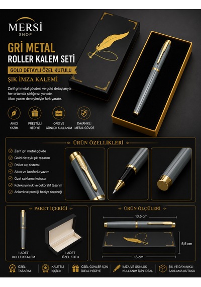 Gri Metal Roller Kalem Seti Gold Detaylı Özel Kutulu Şık İmza Kalemi Açık Gri