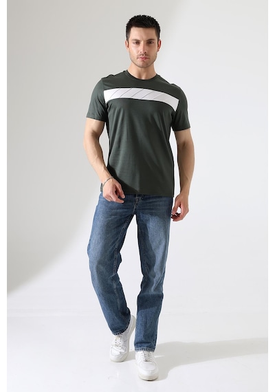 Rıbana Classıc Erkek İki Renk Parçalı Bisiklet Yaka T-shirt - Pamuklu Tişört Haki