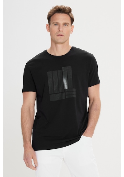 AC&Co / Altınyıldız Classics Erkek Sıyah Slim Fit Dar Kesim Pamuklu Esnek Baskılı Bisiklet Yaka Tişört Siyah