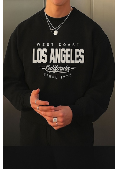 Benroma 3 İplik Penye Los Angeles Baskılı Unisex Sweatshırt SIYAH