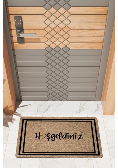 Rugmood Modern Dijtal Baskı Kahverengi Çift Çerçeveli Hoşgeldiniz Kapı Önü Paspası