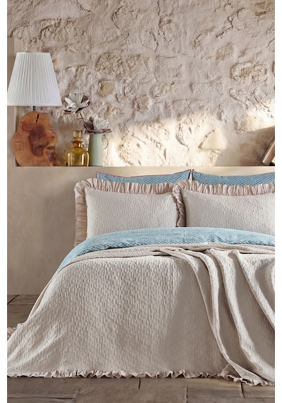 Doqu Home Leris Bouquet Fırfırlı Yatak Örtüsü Tek Kişilik Taş Krem