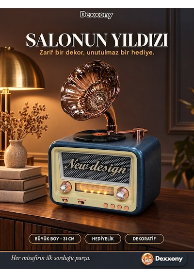 Dexxony Dx-2527 Mavi Nostaljik Radyo Gramofon Görünümlü Büyük Boy Şarjlı Bluetooth Hoparlör Fm Usb