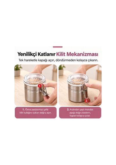 4 Lü Çelik Hava Geçirmez Kahve Çay Saklama Kabı Depolama Kavanozu Seti Mt319 Gri