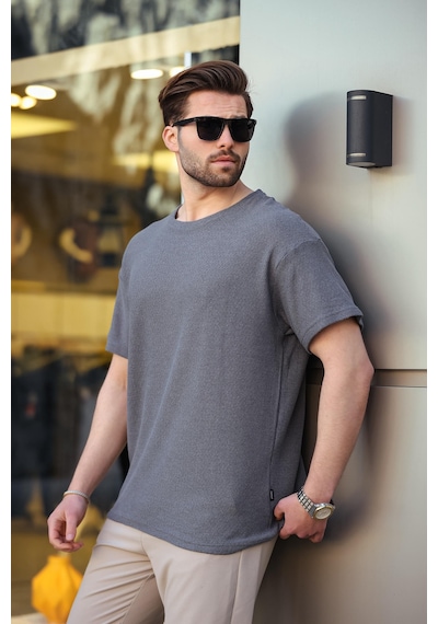 Madmext Füme Bisiklet Yaka Oversize Erkek T-shirt E7134 Füme