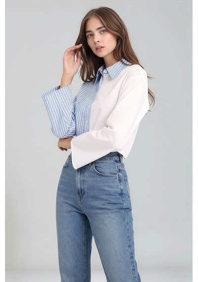 Mamayaga Kadın Özel Tasarım Asimetrik Kesim Düğmeli Çizgi Garnili Crop Boy Gömlek Mavi