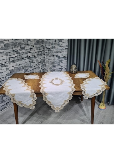 Çeyiz Diyarı Safir 5 Parça Keten Salon Takımı Krem Kahve