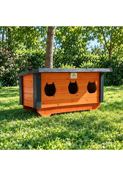 3 Yuvalı Ahşap Dış Mekan Kedi Evi