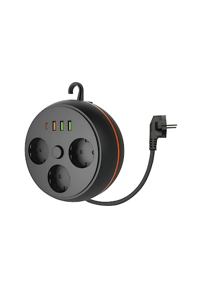 Makaralı 3'lü 1.5 M Uzatma Kablosu Akım Korumalı Priz 3x Usb 1x Type-c Giriş Duvar Askılı Priz 2 M